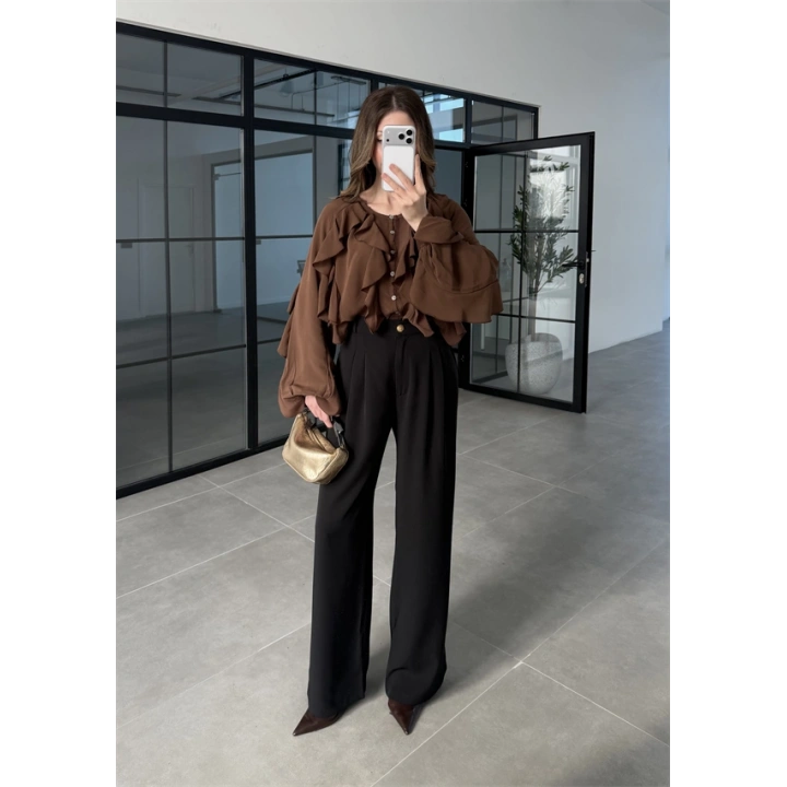 Gold Düğmeli Pileli Siyah Palazzo Pantolon