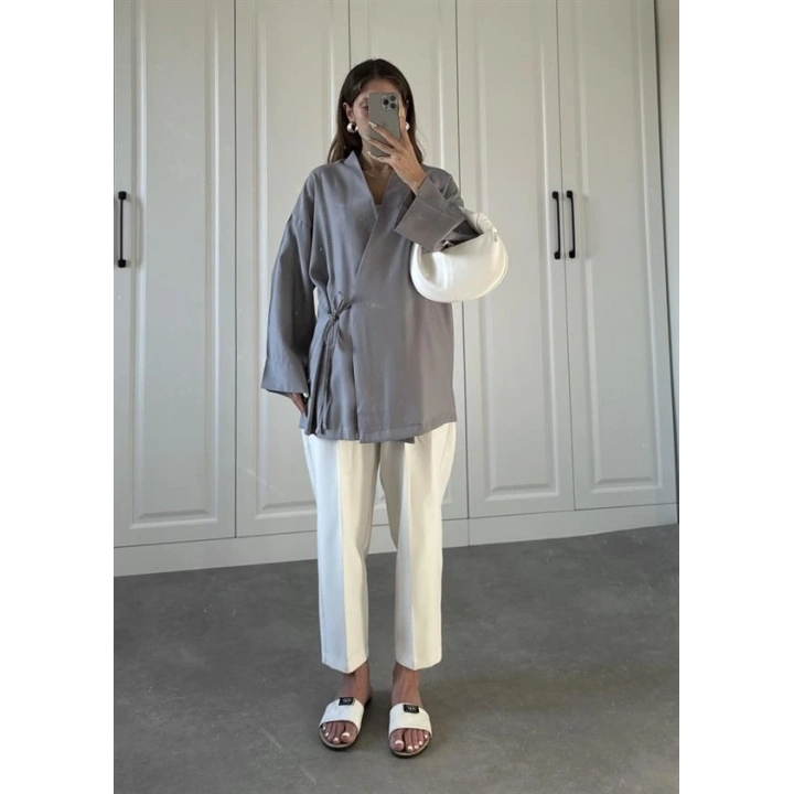 Gri Yandan Bağlamalı Tensel Kimono Ceket