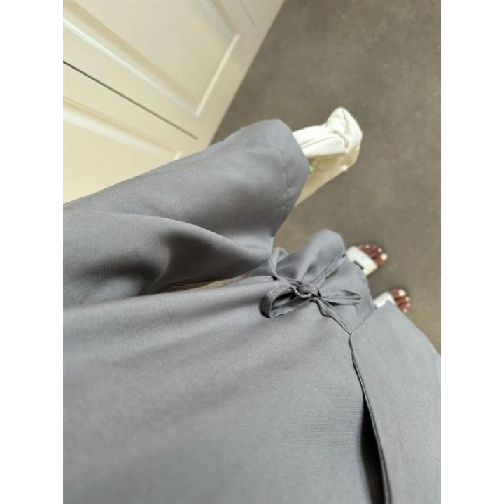 Gri Yandan Bağlamalı Tensel Kimono Ceket