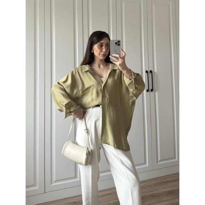 Haki Oversize Tensel Gömlek