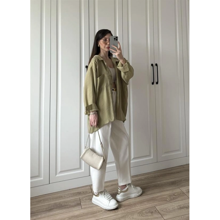 Haki Oversize Tensel Gömlek
