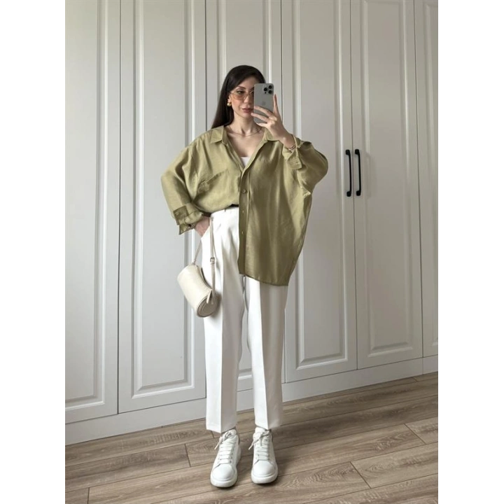 Haki Oversize Tensel Gömlek