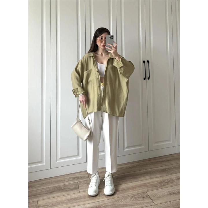 Haki Oversize Tensel Gömlek