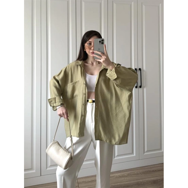 Haki Oversize Tensel Gömlek