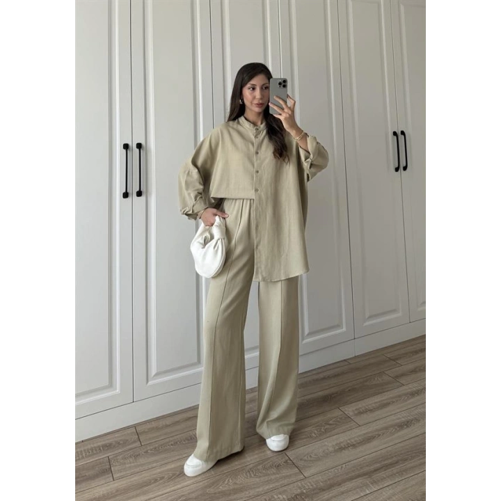 Hakim Yaka Nervür Dikişli Çağla Keten Takım