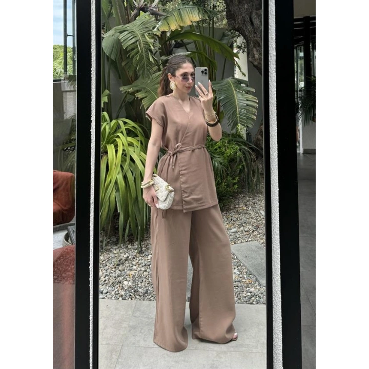 Haze Tensel Bağlamalı Cappuccino Yelek Takım