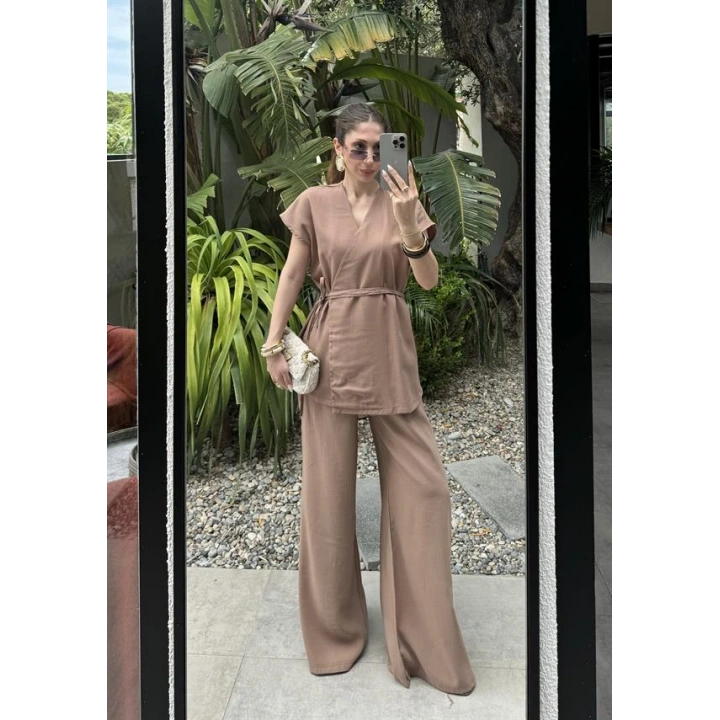 Haze Tensel Bağlamalı Cappuccino Yelek Takım