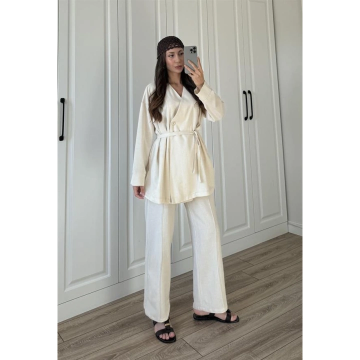 Hazen Tek Düğmeli Kuşaklı Taş Keten Takım