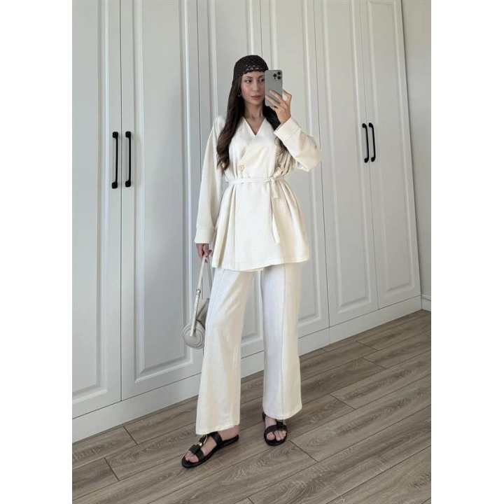 Hazen Tek Düğmeli Kuşaklı Taş Keten Takım