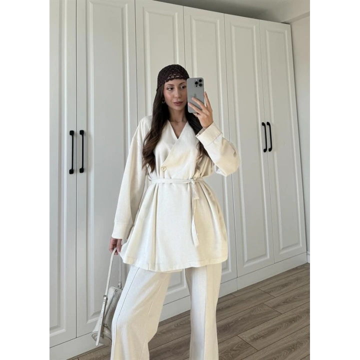 Hazen Tek Düğmeli Kuşaklı Taş Keten Takım