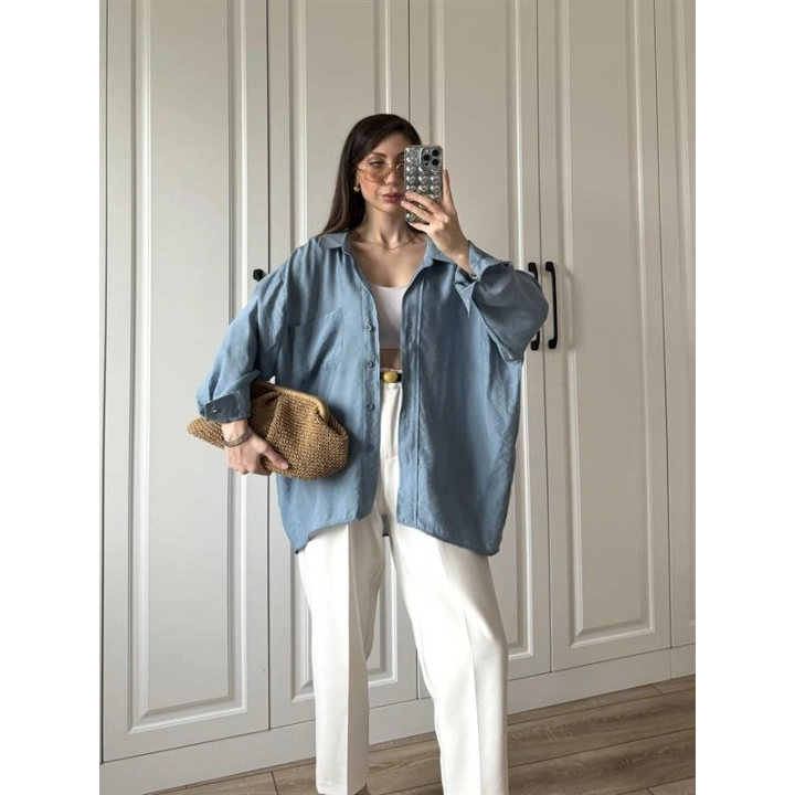 İndigo Oversize Tensel Gömlek