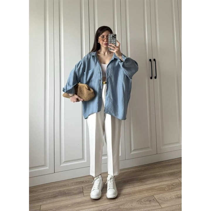 İndigo Oversize Tensel Gömlek