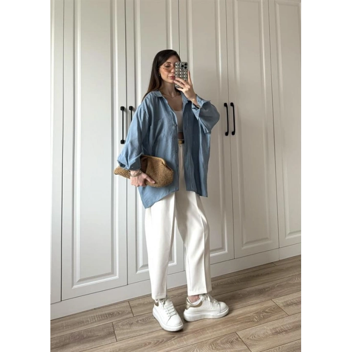 İndigo Oversize Tensel Gömlek