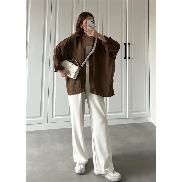 Kahve Oversize Tensel Gömlek