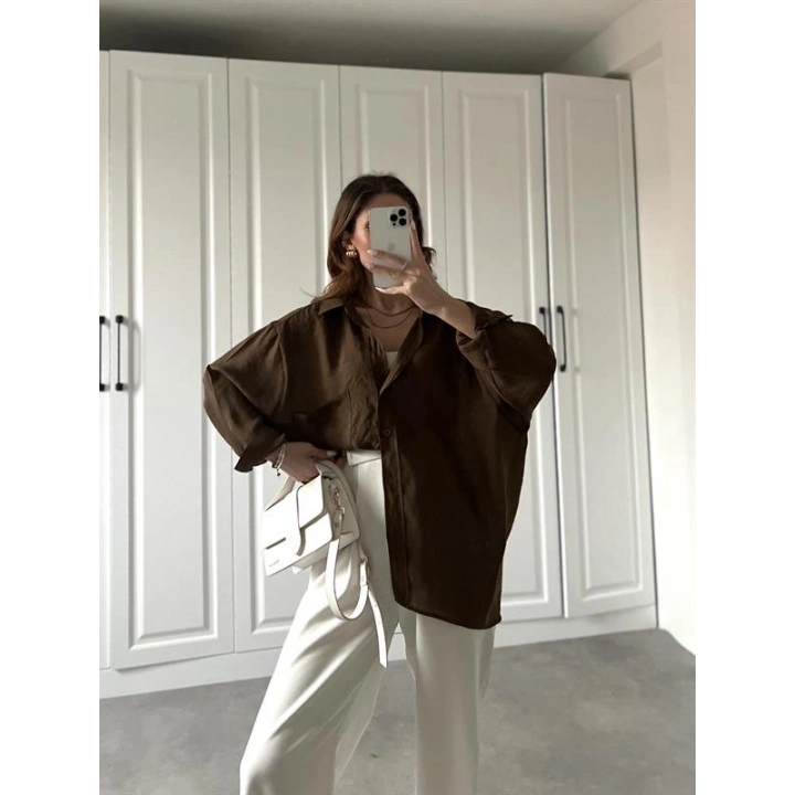 Kahve Oversize Tensel Gömlek
