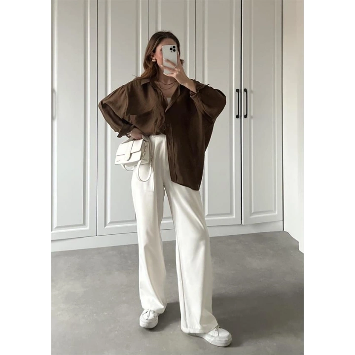 Kahve Oversize Tensel Gömlek