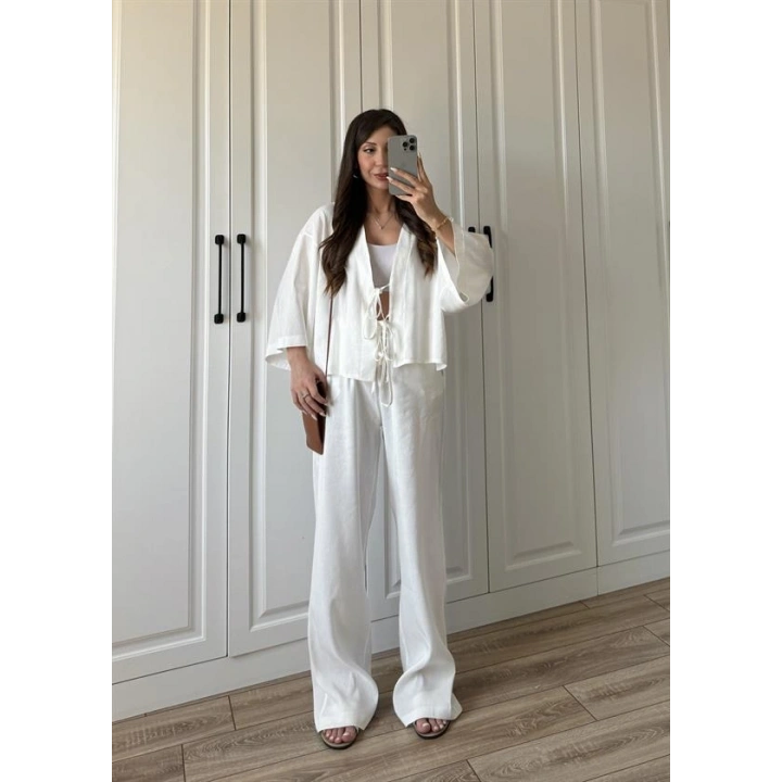 Kati Önü Bağcıklı Keten Beyaz Takım