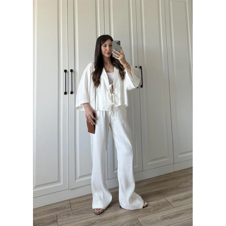 Kati Önü Bağcıklı Keten Beyaz Takım