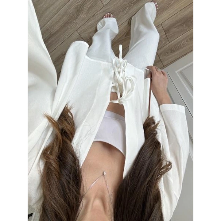 Kati Önü Bağcıklı Keten Beyaz Takım