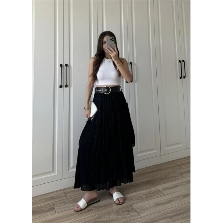 Katlı Boho Vual Kemerli Siyah Etek