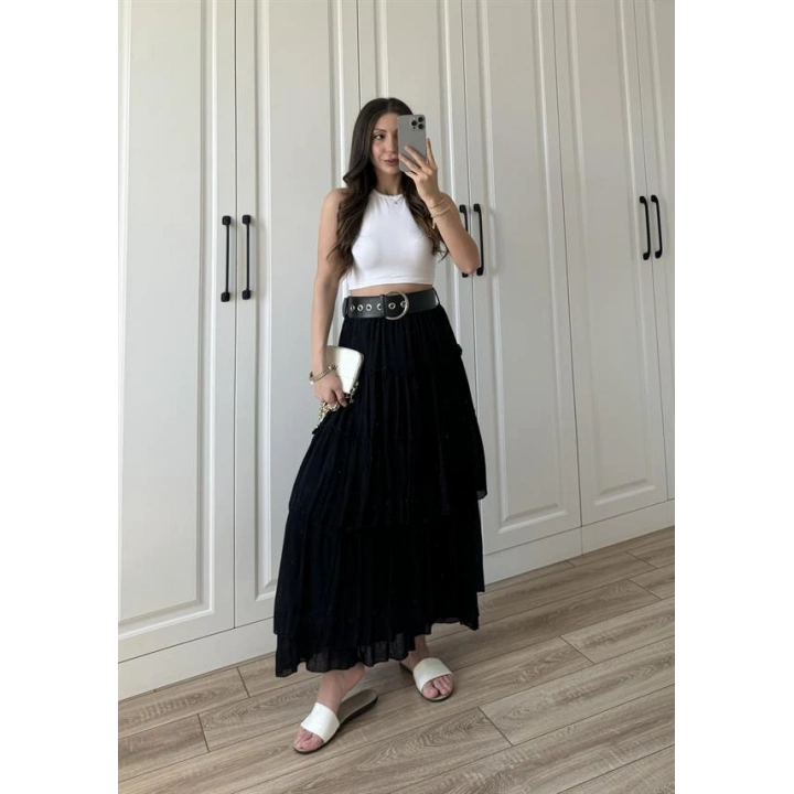 Katlı Boho Vual Kemerli Siyah Etek