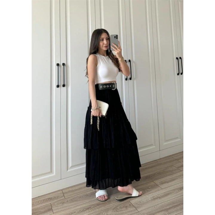 Katlı Boho Vual Kemerli Siyah Etek