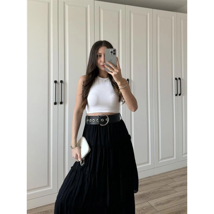 Katlı Boho Vual Kemerli Siyah Etek