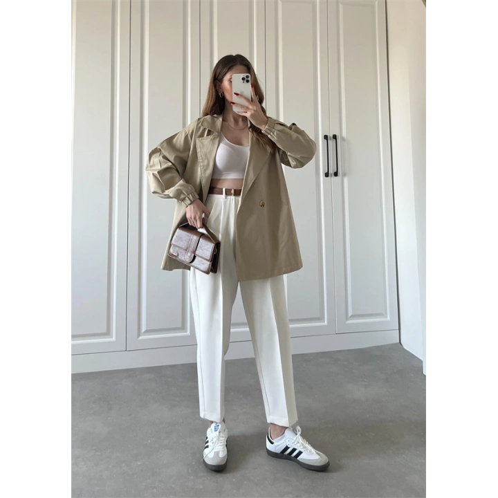 Kemerli Beyaz Havuç Kumaş Pantolon