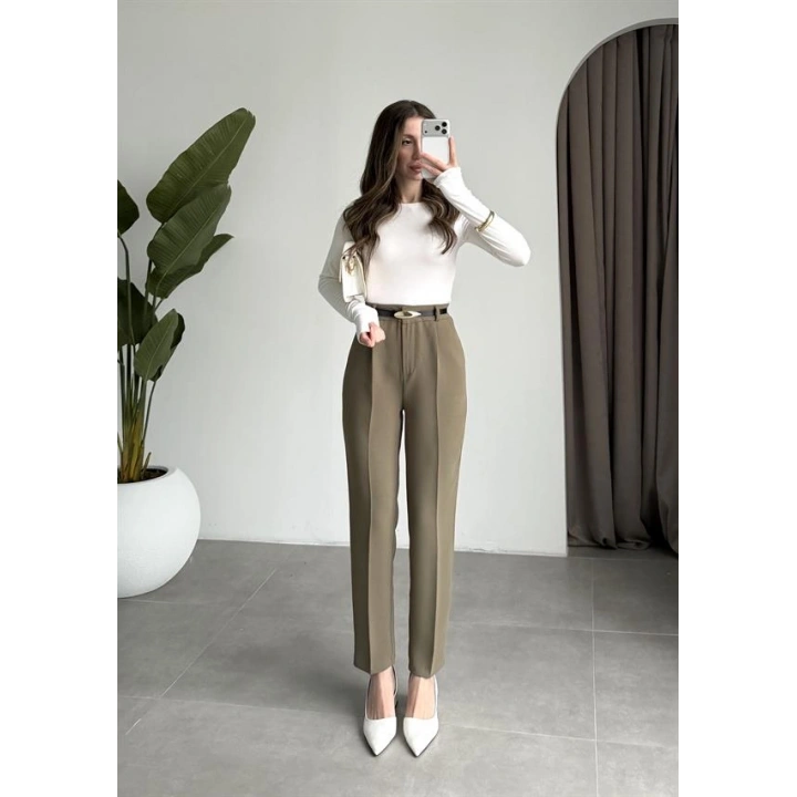 Kemerli Haki Kalem Kumaş Pantolon