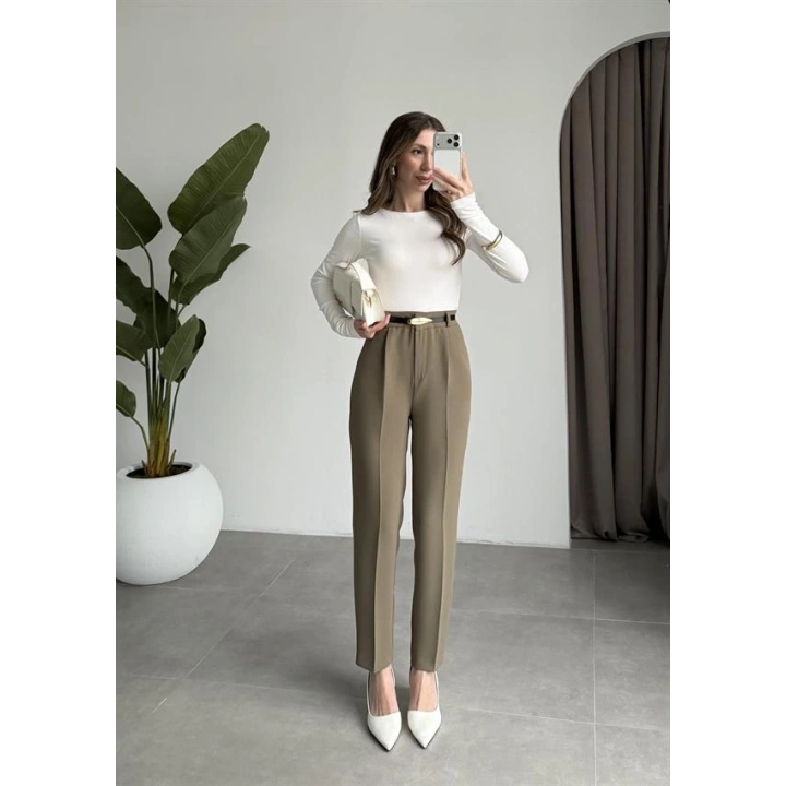 Kemerli Haki Kalem Kumaş Pantolon