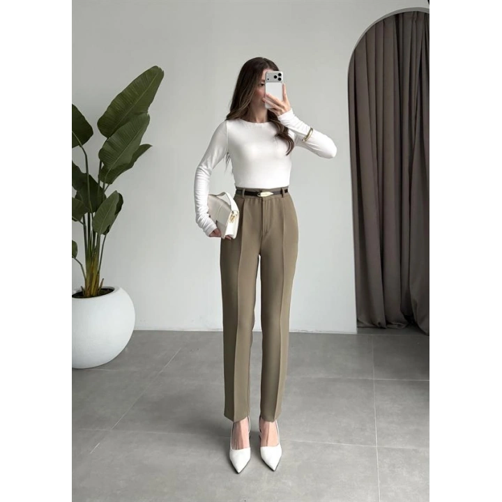 Kemerli Haki Kalem Kumaş Pantolon