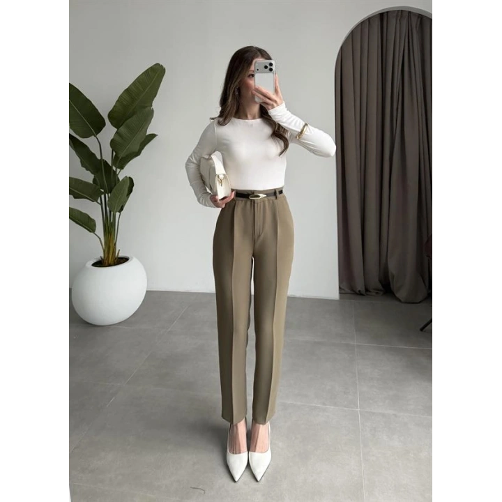 Kemerli Haki Kalem Kumaş Pantolon