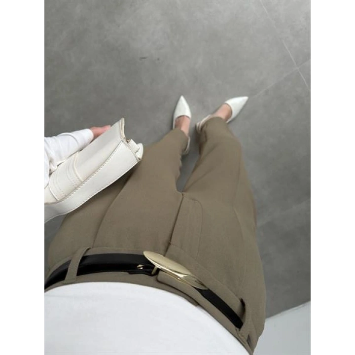 Kemerli Haki Kalem Kumaş Pantolon