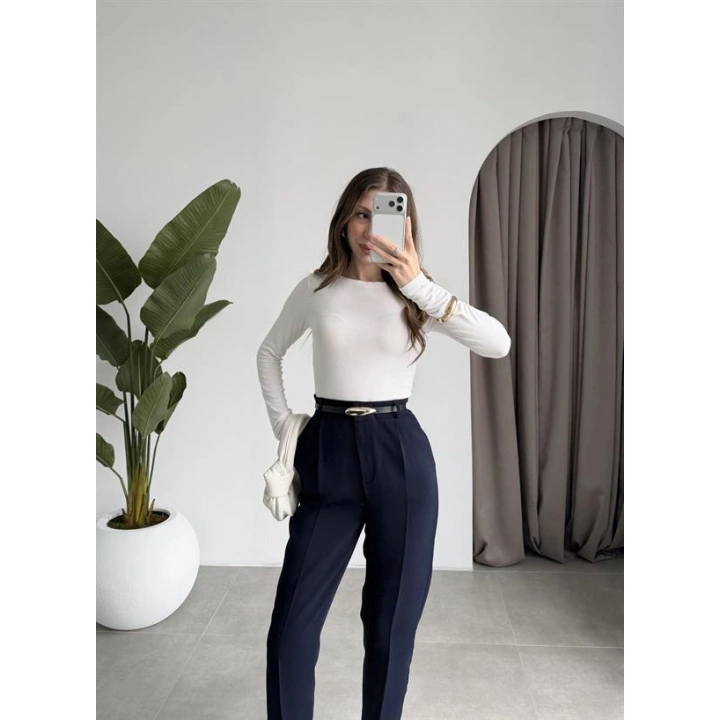 Kemerli Lacivert Kalem Kumaş Pantolon