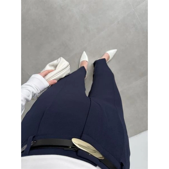 Kemerli Lacivert Kalem Kumaş Pantolon