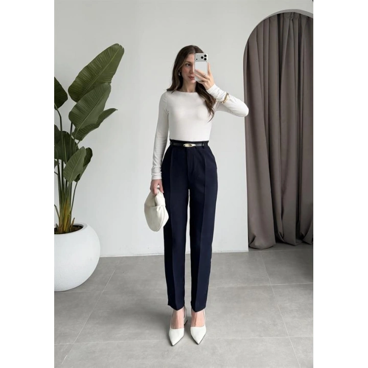 Kemerli Lacivert Kalem Kumaş Pantolon