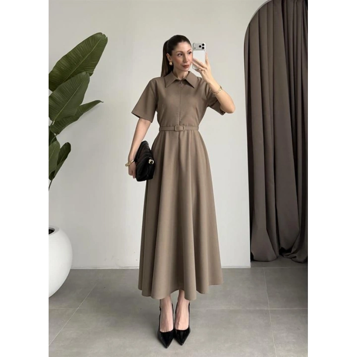 Kemerli Önü Fermuarlı Premium Haki Elbise