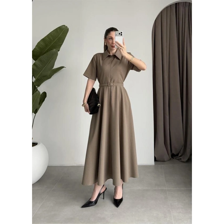 Kemerli Önü Fermuarlı Premium Haki Elbise
