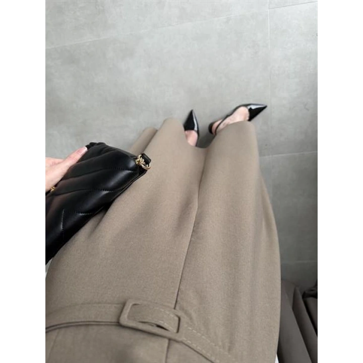 Kemerli Önü Fermuarlı Premium Haki Elbise