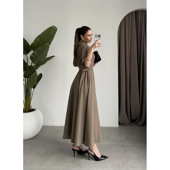 Kemerli Önü Fermuarlı Premium Haki Elbise
