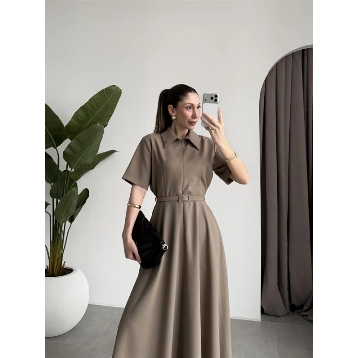 Kemerli Önü Fermuarlı Premium Haki Elbise