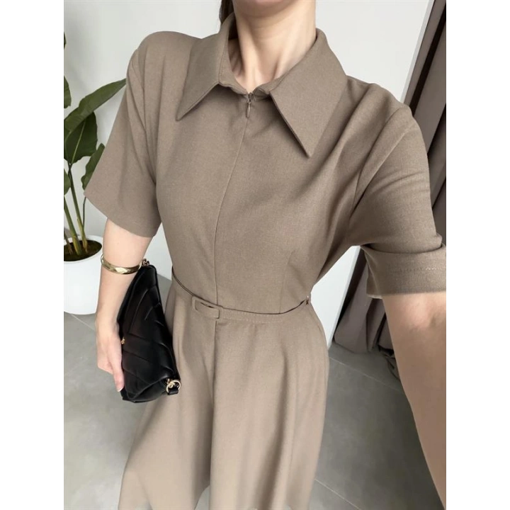 Kemerli Önü Fermuarlı Premium Haki Elbise