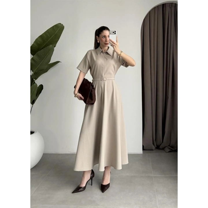 Kemerli Önü Fermuarlı Premium Taş Elbise