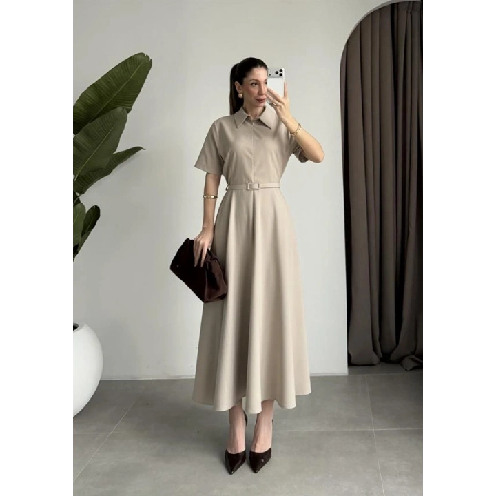 Kemerli Önü Fermuarlı Premium Taş Elbise