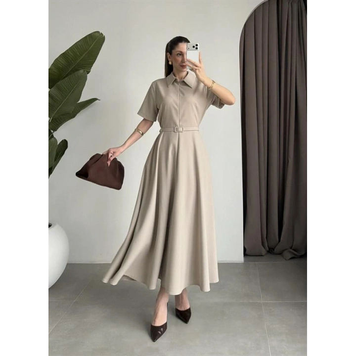 Kemerli Önü Fermuarlı Premium Taş Elbise