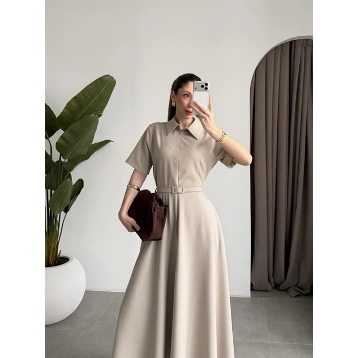 Kemerli Önü Fermuarlı Premium Taş Elbise