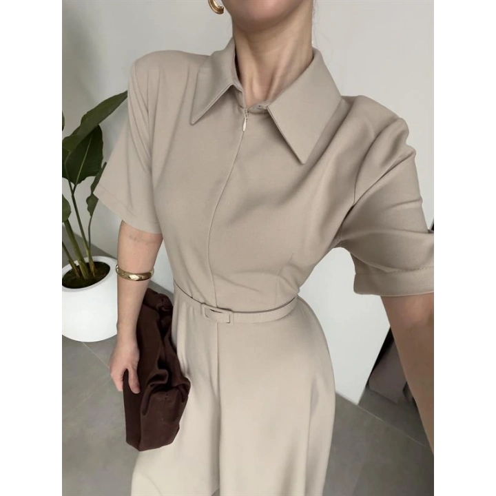 Kemerli Önü Fermuarlı Premium Taş Elbise