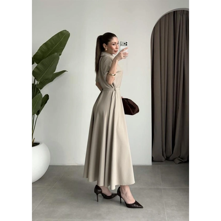 Kemerli Önü Fermuarlı Premium Taş Elbise