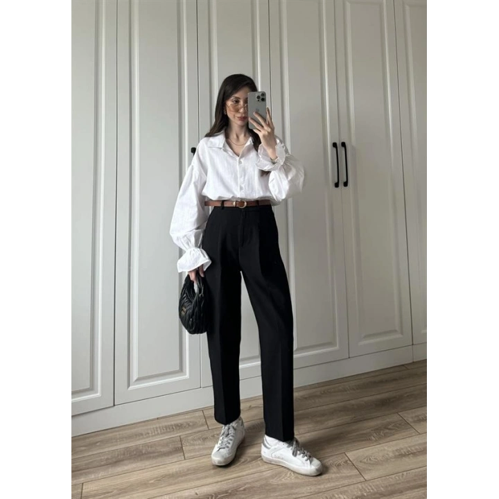 Kemerli Siyah Havuç Kumaş Pantolon