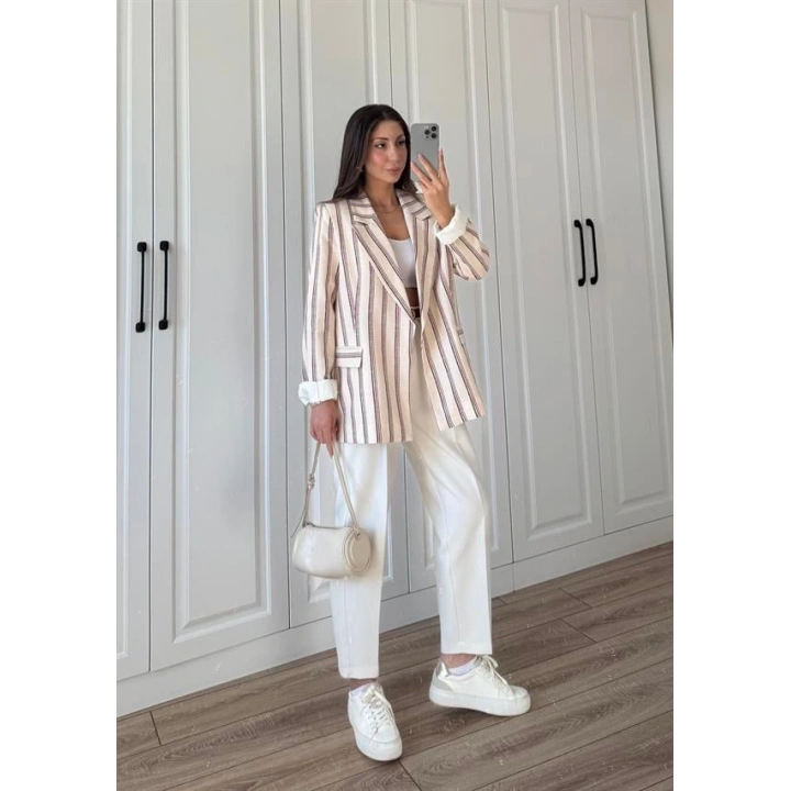 Keten Astarlı Bordo Çizgili Blazer Ceket